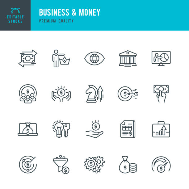 ilustraciones, imágenes clip art, dibujos animados e iconos de stock de negocio y dinero - conjunto de iconos de vector de línea delgada - bolsa de dinero