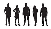 Business people, group of standing businessmen and businesswomen. Set of isolated vector silhouettes
