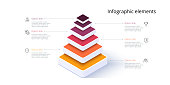 Business pyramid chart infographics with 6 steps. Pyramidal stages graph elements. Company hiararchy levels presentation template. Vector info graphic design.