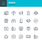 Business - thin line vector icon set. Editable stroke. Pixel Perfect. Set contains such icons as Team, Strategy, Success, Performance, Website, Handshake.