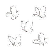 Butterfly continuous line vector illustration set. Collection of butter fly made with single editable path.