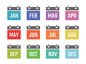 calendar 12 month icon set, color signs for all months of the year