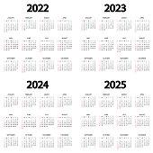 Calendar 2022, 2023, 2024, 2025 year. The week starts on Sunday. Annual calendar template. Yearly English calendar. Yearly organizer in minimal design. Portrait orientation