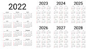 Calendar 2022, 2023, 2024, 2025, 2026, 2027, 2028 years. Vector illustration. Simple calender layout.