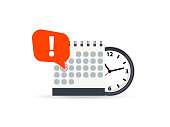 Calendar and clock icon. Calendar date deadline notification. Appointment, schedule, important date. Time and date. Deadline on a calendar, event notification. Event reminder scheduled on agenda