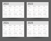Calendar Templates for the Years: 2022, 2023, 2024 and 2025. Week Starts on Sunday,