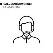 Call Center Worker Line Icon, Outline Vector Symbol Illustration. Pixel Perfect, Editable Stroke.