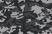 Camouflage pattern. Dark black seamless texture. Vector camo print background. Abstract military style backdrop