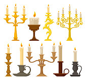 Candles in candlesticks set, vintage candle holders and candelabrums vector Illustration on a white background