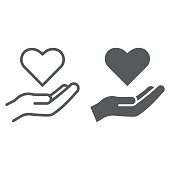 Care line and glyph icon, family and love, hand holding heart sign, vector graphics, a linear pattern on a white background.