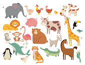Cartoon animals. Cute elephant and lion, giraffe and crocodile, cow and chicken, dog and cat. Farm and savanna animals vector set