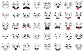 Cartoon faces. Expressive eyes and mouth, smiling, crying and surprised character face expressions vector illustration set