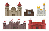 Cartoon fairy tale castle tower icon cute architecture fantasy house fairytale medieval and princess stronghold design fable isolated vector illustration