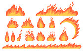 Cartoon fire flames flat vector collection