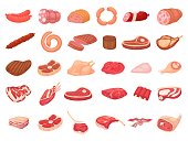 Cartoon meat products. Chicken, sausages and sausages. Steaks, pork bacon and ribs vector set