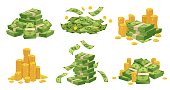 Cartoon money and coins. Green dollar banknotes pile, golden coin and rich vector illustration set