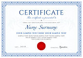 Certificate, Diploma of completion (design template, white background) with blue Frame, Border,