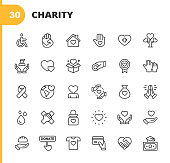 Charity and Donation Line Icons. Editable Stroke. Pixel Perfect. For Mobile and Web. Contains such icons as Charity, Donation, Giving, Food Donation, Teamwork, Relief.
