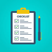 Checklist with tick marks in a flat style. Questionnaire on a clipboard paper. Successful completion of business tasks. Checklist, tasks, to-do list, survey, exam concepts. Vector illustration