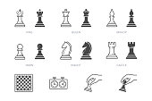 Chess piece line icon. Vector outline illustration of pawn, knight, queen, bishop, horse, rook. Checkmate board pictogram