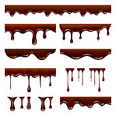 Chocolate dripped. Sweet flowing liquid food with splashes and drops caramel cacao vector realistic pictures