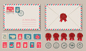 Christmas envelope with Santa in stamp and postage stamps, Snowman in stamp. Vector illustration