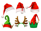 Christmas holiday hat. Funny 3d elf, snow reindeer and Santa Claus hats for noel. Elves clothes isolated vector set