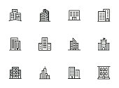 City buildings line icon set