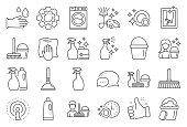 Cleaning line icons. Laundry, Sponge and Vacuum. Vector