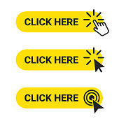 Click here. Set of web buttons with action of mouse cursor and hand pointer. Click here, UI button concept
