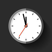 Clock icon in flat style, round timer on black background. Five minutes to twelve. Simple watch. Vector design element for you business projects
