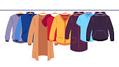 Clothes on hangers. Storage of men and women garments on hangers, apparel hanging on rack, wardrobe inner space flat vector concept