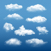 Cloudy sky realistic. Beautiful white clouds condensation collection vector weather elements