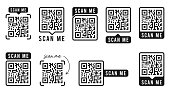 QR code set. Template of frames with text - scan me and QR code for smartphone, mobile app, payment and discounts. Quick Response codes. Vector