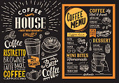 Coffee restaurant menu. Vector drink flyer for bar and cafe. Design template on blackboard background with vintage hand-drawn food illustrations.