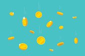 Coins money falling vector illustration, flat dropping gold coins