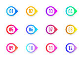 Collection 3D arrows bullet point triangle flags isolated on white background. Colorful gradient markers. Number from 1 to 12. Vector