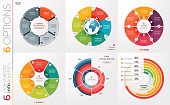 Collection of 6 vector circle chart templates for infographics with 6 options.