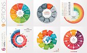 Collection of 6 vector circle chart templates for infographics with 9 options.