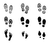 Collection of footprints shoes human walking and shoe sole feet footsteps people. Foot print, set with shoes bare feet and boot print. Paws people. Human footprints icons. Vector illustration