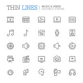 Collection of music and video related line icons. Editable stroke