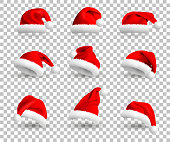 Collection of Red Santa Claus Hats isolated on transparent background. Set. Vector Realistic Illustration.