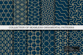 Collection of seamless ornamental vector patterns - geometric blue trendy design. Grid mosaic textures. You can find repeatable backgrounds in swatches panel