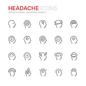 Collection of stress, headache and depression related line icons. 48x48 Pixel Perfect. Editable stroke