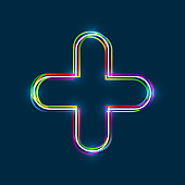 Colorful multi-layered outline of a plus sign with glowing light effect on blue background