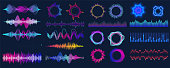 Colorful sound waves. Audio signal wave, color gradient music waveforms and digital studio equalizer vector set. Analog and digital audio signal.  High frequency radio wave. Vector illustration