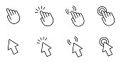 Computer mouse cursor pointer hand and arrow. Set of 8 vector images with editable stroke