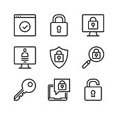 Computer protection vector line icons. Cybersecurity, computer security concepts. Simple outline symbols, modern linear graphic elements collection. Premium quality. Vector thin line icons set