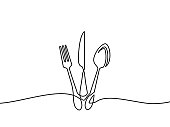 Continuous one line drawing of restaurant logo. knife, fork and spoon. Black and white vector illustration.