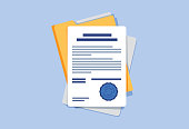 Contract or document signing icon. Document, folder with stamp and text. Contract conditions, research approval